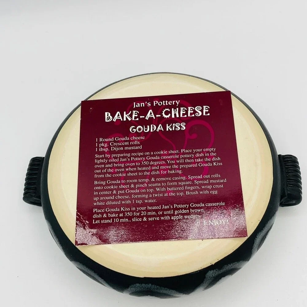 Black and white swirl glazed handmade baking dish by Jan's Pottery gouda recipe